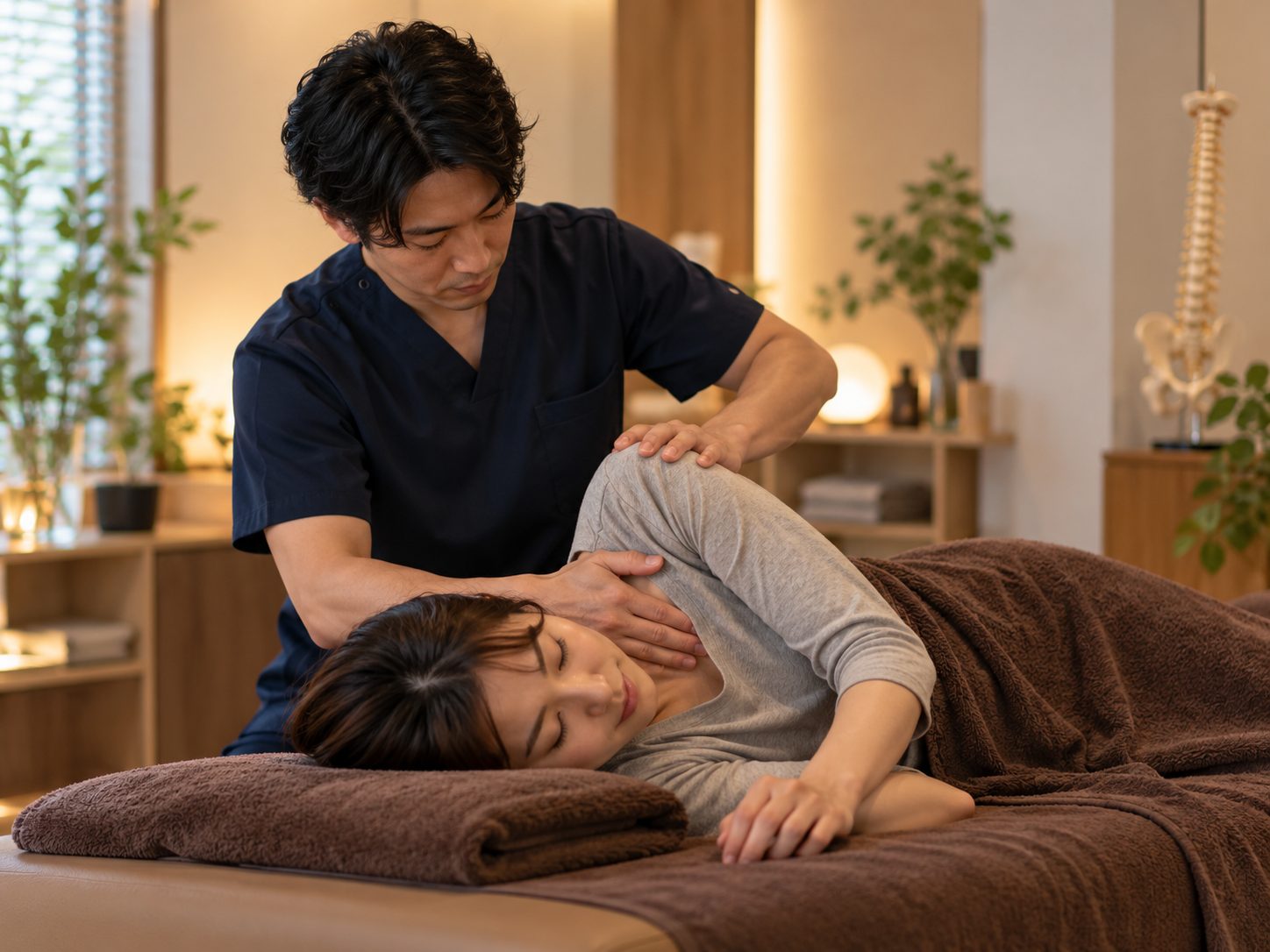 横向きに寝た人の首と肩を、手でほぐす施術者