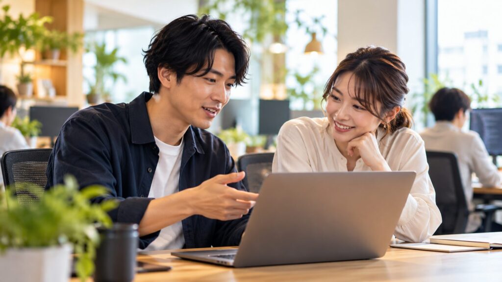 オフィスでノートパソコンを見ながら話す2人