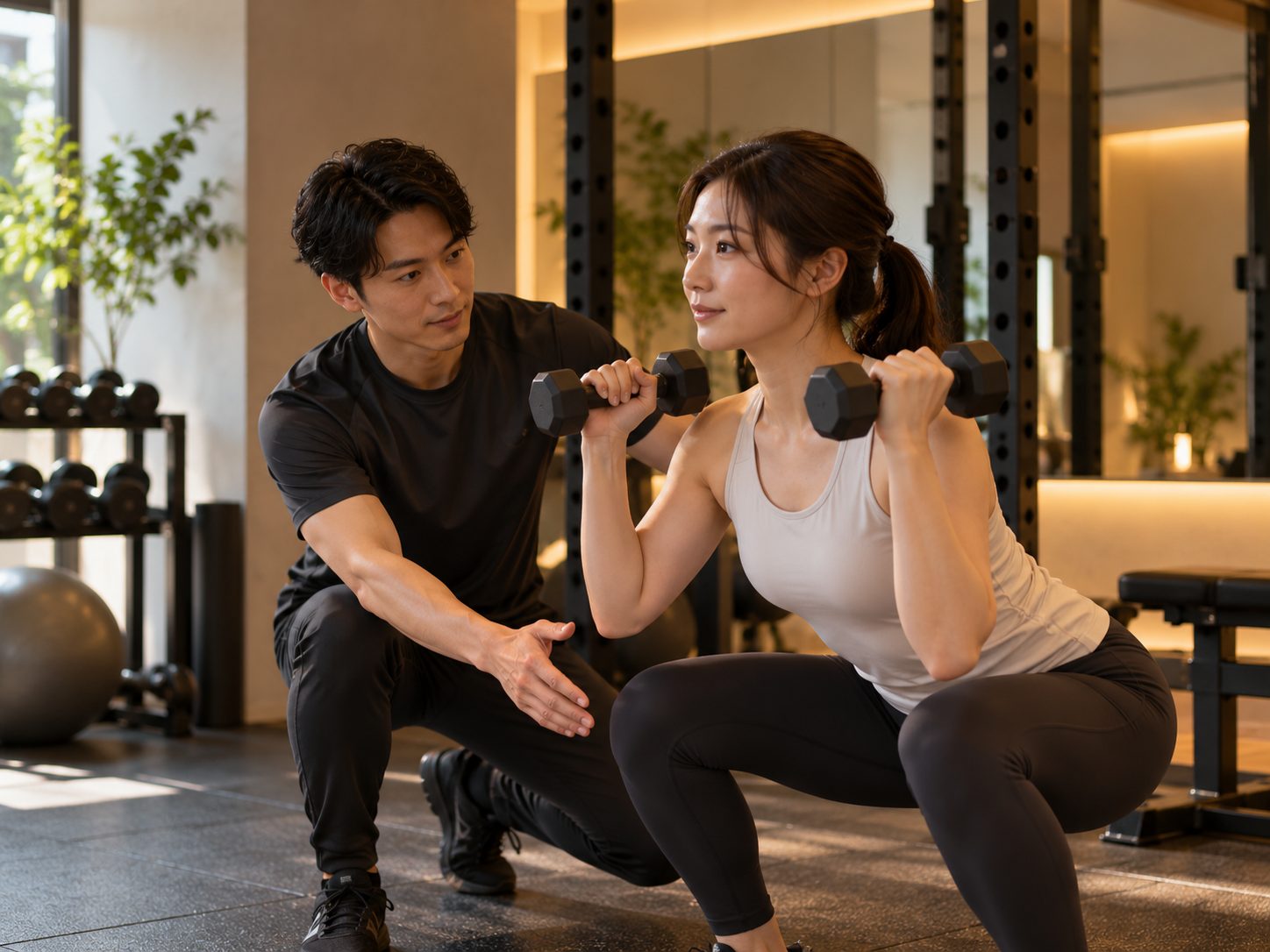 トレーナーに見てもらいながら、ダンベルを持ってスクワットをする女性