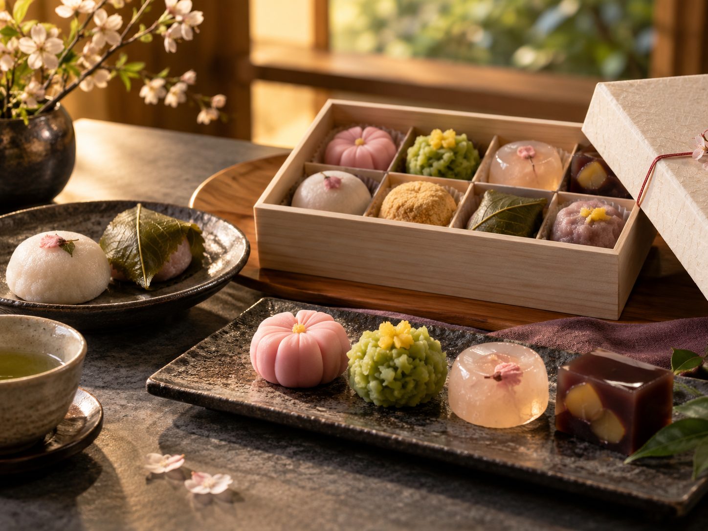 木箱に詰められた色とりどりの和菓子と、緑茶